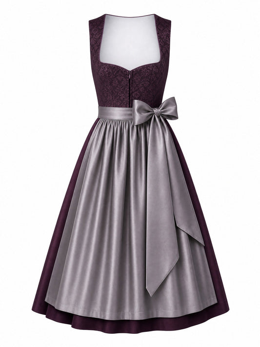 Dirndl Rica in Aubergine mit Perlgrau Schürze - Vorderansicht